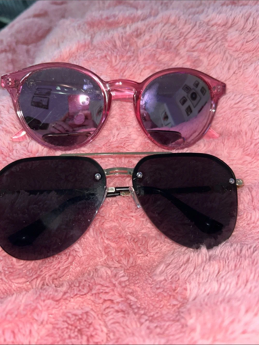 2 pairs of sunglasses, Blenders pink Round Sunglasses black aviators, gentlyused